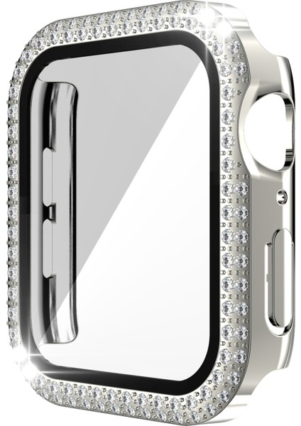 Çift Sıra Elmas Pc + Temperli Cam Saat Kılıf Apple Watch Serisi 6 & Se & 5 & 4 40 mm. (Gümüş) (Yurt Dışından)