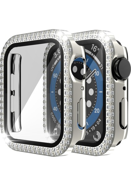 Çift Sıra Elmas Pc + Temperli Cam Saat Kılıf Apple Watch Serisi 6 & Se & 5 & 4 40 mm. (Gümüş) (Yurt Dışından)