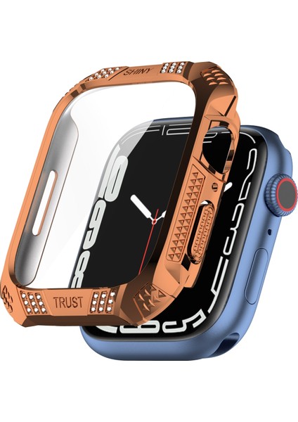 Rhombus Kemer Matkap + Temperli Film Tümleşik Kılıf Apple Watch Series 7 41 mm. (Gül Altın) (Yurt Dışından)
