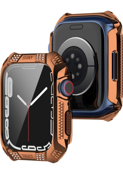Rhombus Kemer Matkap + Temperli Film Tümleşik Kılıf Apple Watch Series 7 41 mm. (Gül Altın) (Yurt Dışından)
