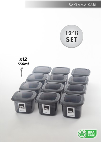 Aes Home Kırılmaz Kare Erzak Saklama Kabı Füme 0,55 Lt x 12 Adet 12' Li Set (6'lı Kaşık Seti ve Etiket Hediyeli)