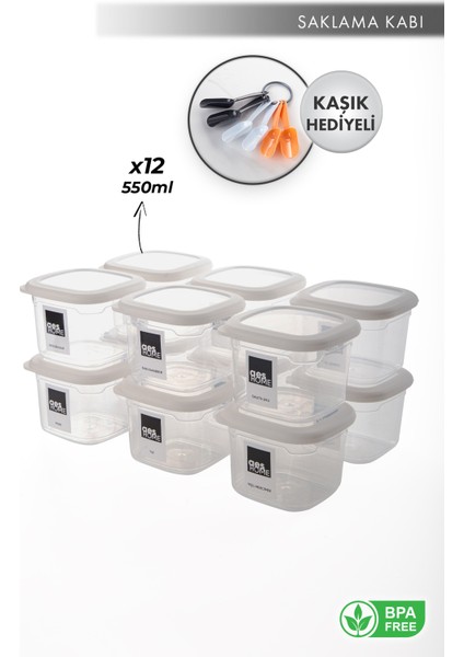 Aes Home Kırılmaz Kare Erzak Saklama Kabı Beyaz 0,55 Lt x 12 Adet 12' Li Set (6'lı Kaşık Seti ve Etiket Hediyeli)