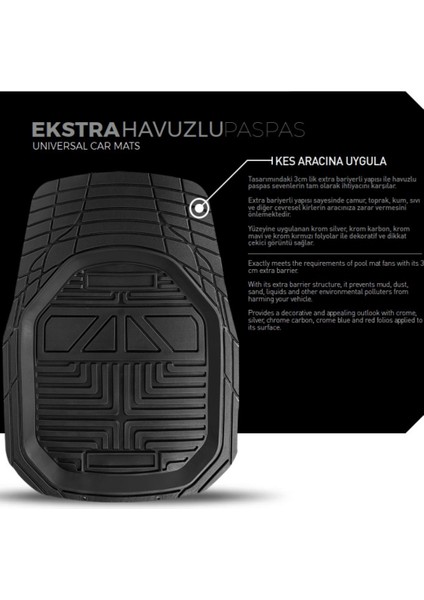 Promats 4d Havuzlu Paspas Siyah 5 Parça Üniversal Tüm Araçlar Için Uyumlu