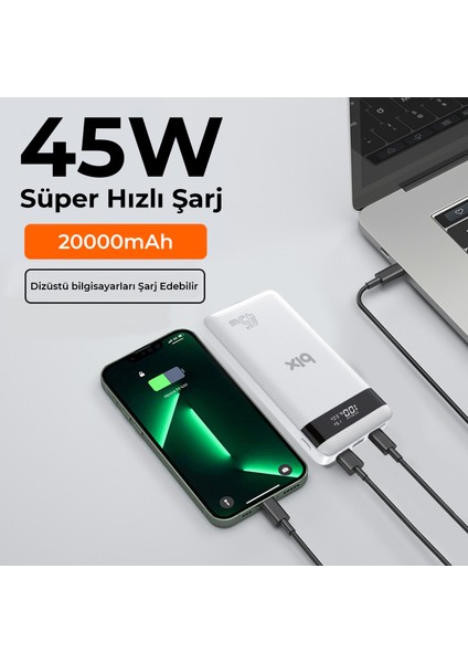 PB202 20000MAH 45W Pd Giriş/çıkışlı Laptop Şarj Edebilen Üç Portlu 22.5W Süper Hızlı LED Göstergeli Powerbank Beyaz