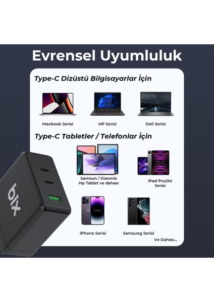 BX3P100G Gan 100W PD 2* Type-C + QC 4.0 1* USB-A Girişli Gelişmiş Şarj Teknolojisi ile Donatılmış Şarj Adaptörü