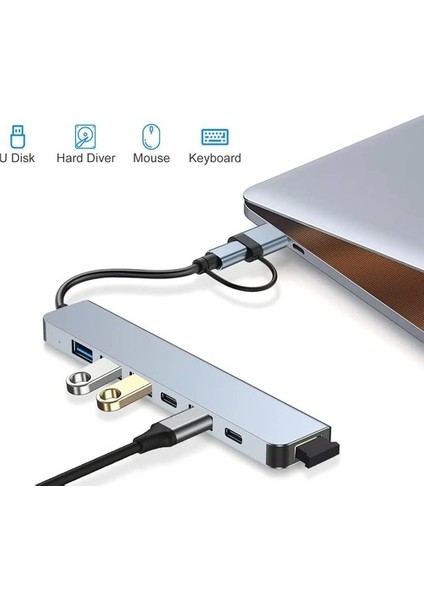 Alüminyum USB Hub 7 In 1 USB / Type-C To USB A, USB C, USB 2.0 / 3.0 Çevirici Adaptör Çok Portlu Tak Çalıştır USB Çevirici