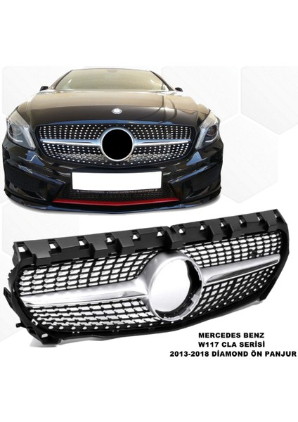 Mercedes W117 Cla Serisi Diamond Ön Panjur Piano Black & Krom Şeritli 2013-2018 1. Kalite