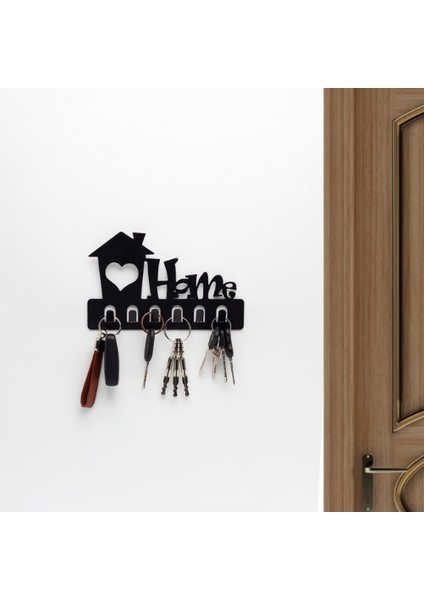 Home Siyah Metal Dekoratif Anahtar Askılığı - Pano Askılığı Home Yazılı Dekoratif Anahtarlık