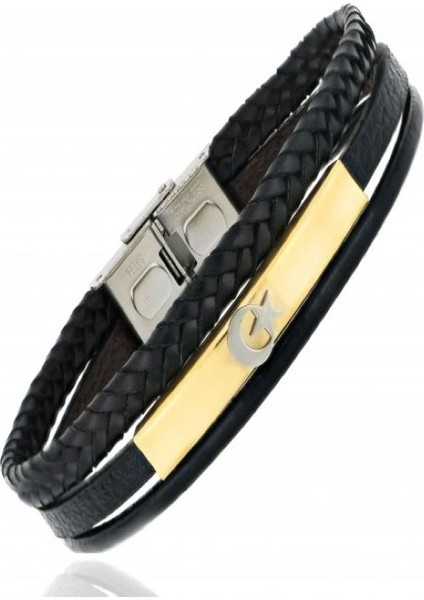 Erkek Ay Yıldız Türk Bayrağı Çelik ve Çoklu Deri Bileklik