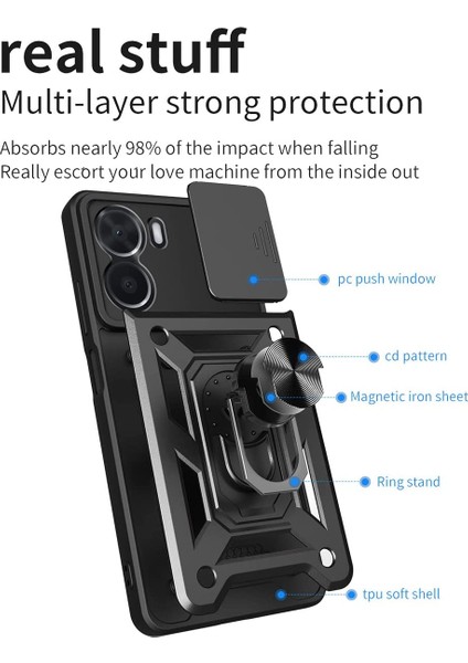 Vivo Y16 Kılıf Ultra Korumalı Yüzüklü Manyetik Sürgülü Vega Kapak