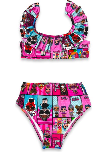 Kız Çocuk Sevilen Çizgi Karakterler Baskılı Yüksek Bel Fırfırlı Bikini Takımı