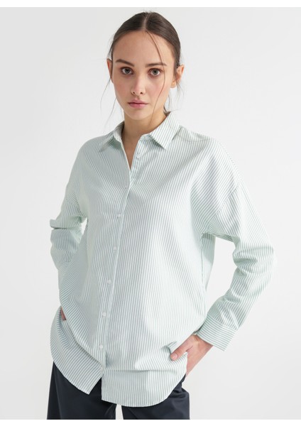 Geniş Fit Gömlek Yaka Çizgili Yeşil - Beyaz Kadın Gömlek RONKA-1 fiyatları