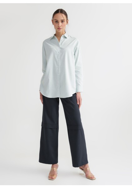 Geniş Fit Gömlek Yaka Çizgili Yeşil - Beyaz Kadın Gömlek RONKA-1 modelleri