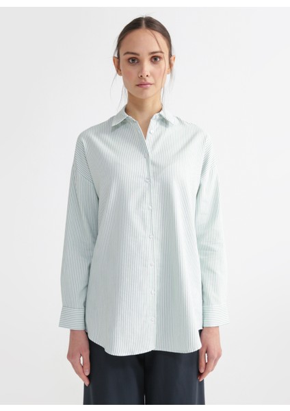 Geniş Fit Gömlek Yaka Çizgili Yeşil - Beyaz Kadın Gömlek RONKA-1 fırsatları