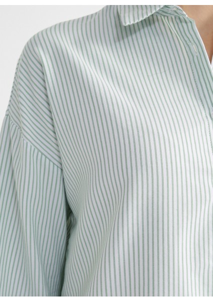 Geniş Fit Gömlek Yaka Çizgili Yeşil - Beyaz Kadın Gömlek RONKA-1 indirimleri