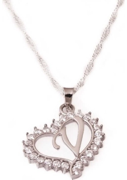 925 Ayar Gümüş V Harfi Kalpli Kadın Gümüş Kolye