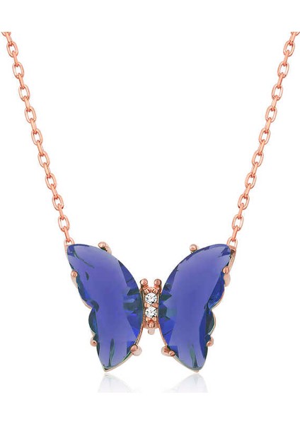 ​925 Ayar Gümüş Mavi Cam Kelebek Kadın Gümüş Kolye
