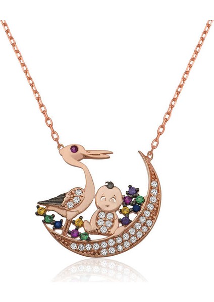 925 Ayar Gümüş Leylek ve Bebek Kadın Gümüş Kolye