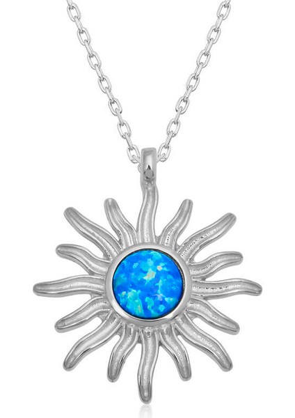 ​925 Ayar Gümüş Mavi Opal Taşlı Güneş Kadın Gümüş Kolye