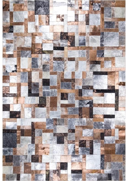 Çok Renkli Gümüş Varaklı Dana Derisi Patchwork Halı 200 x 300 cm