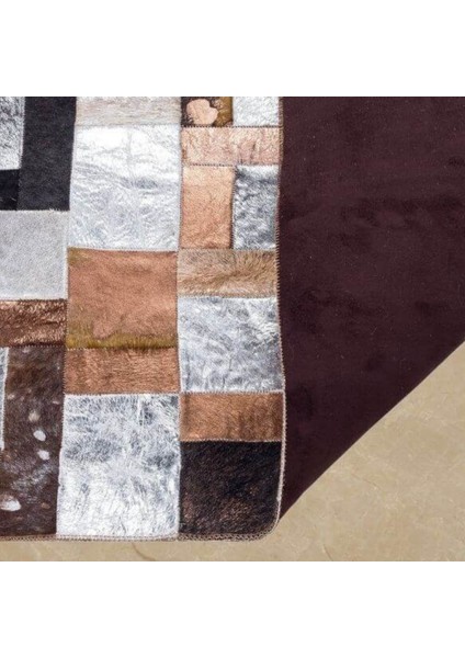 Çok Renkli Gümüş Varaklı Dana Derisi Patchwork Halı 200 x 300 cm