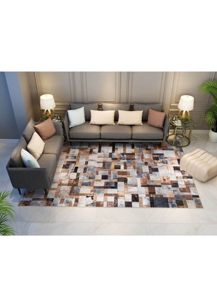 Çok Renkli Gümüş Varaklı Dana Derisi Patchwork Halı 200 x 300 cm