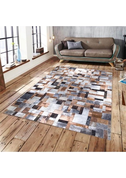 Çok Renkli Gümüş Varaklı Dana Derisi Patchwork Halı 200 x 300 cm