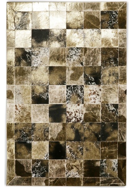 Kahverengi & Siyah Gold Varaklı Dana Derisi Patchwork Halı 200 x 300 cm