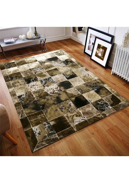 Kahverengi & Siyah Gold Varaklı Dana Derisi Patchwork Halı 200 x 300 cm