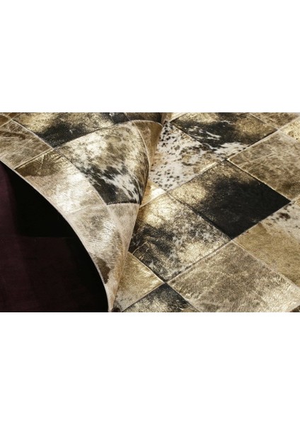 Kahverengi & Siyah Gold Varaklı Dana Derisi Patchwork Halı 200 x 300 cm