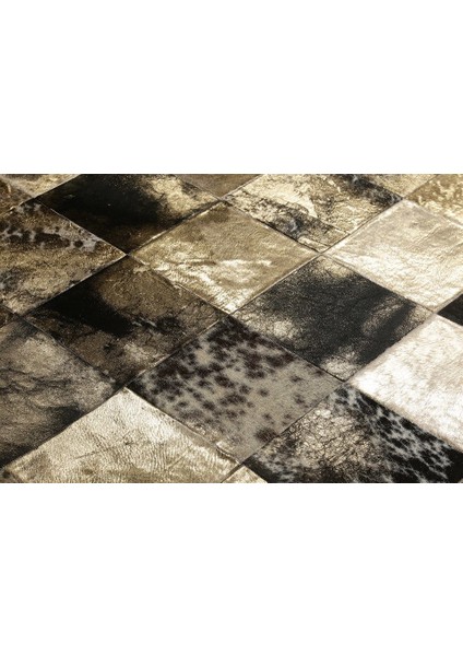 Kahverengi & Siyah Gold Varaklı Dana Derisi Patchwork Halı 200 x 300 cm