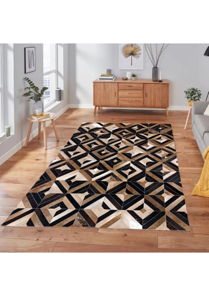 Parke Desenli Kahverengi & Siyah Dana Derisi Patchwork Halı 160 x 230 cm