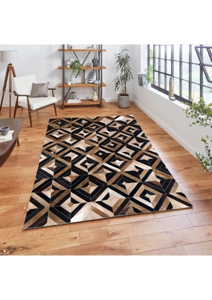 Parke Desenli Kahverengi & Siyah Dana Derisi Patchwork Halı 160 x 230 cm