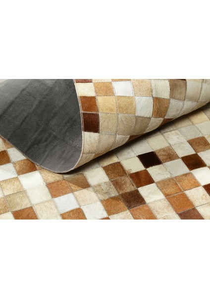 Karamel Rengi Çok Renkli Doğal Dana Derisi Patchwork Halı 140 x 200 cm