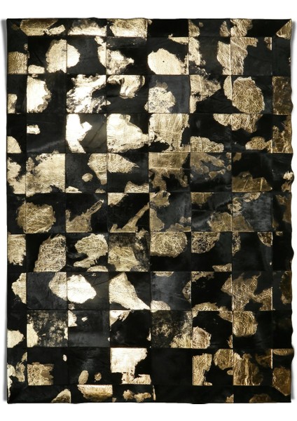 Siyah & Gold Varaklı Dana Derisi Patchwork Halı 170 x 240 cm