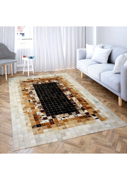 Krem & Karamel Rengi Doğal Dana Derisi Patchwork Halı 120 x 180 cm