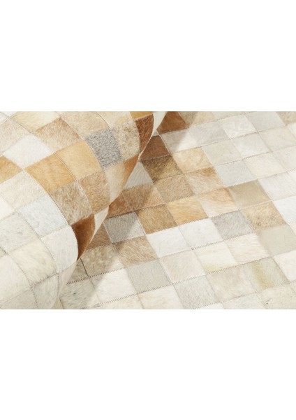 Krem & Kahverengi Doğal Dana Derisi Patchwork Halı 80 x 150 cm