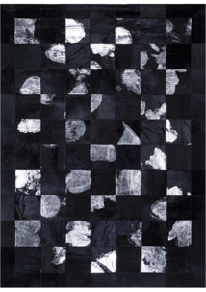 Gümüş Varaklı Siyah Dana Derisi Patchwork Halı 240 x 340 cm