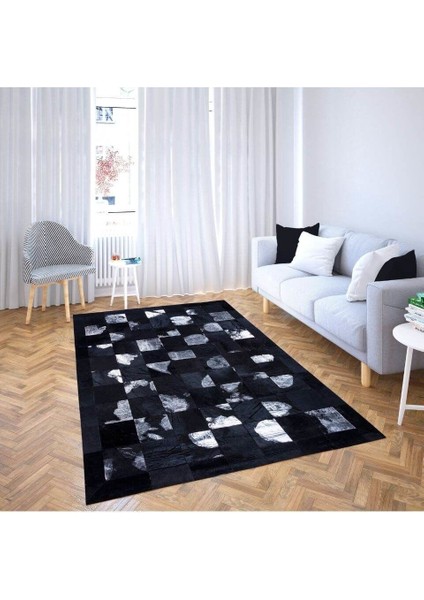 Gümüş Varaklı Siyah Dana Derisi Patchwork Halı 240 x 340 cm
