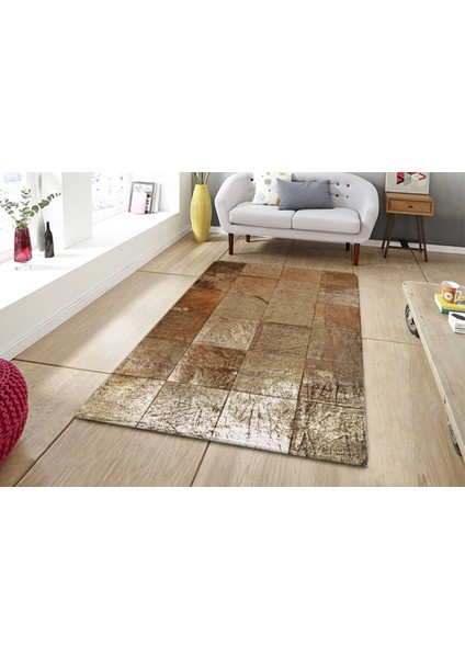 Bronz Varaklı Doğal Dana Derisi Patchwork Halı 140 x 200 cm