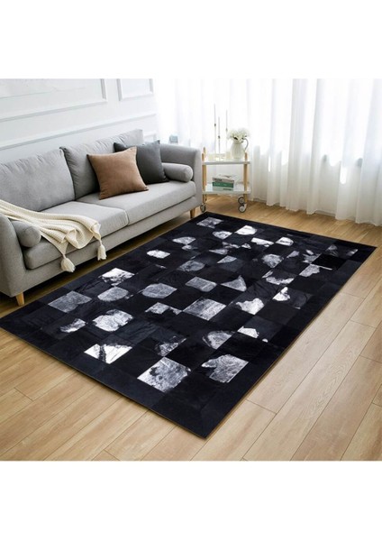 Gümüş Varaklı Siyah Dana Derisi Patchwork Halı 160 x 230 cm
