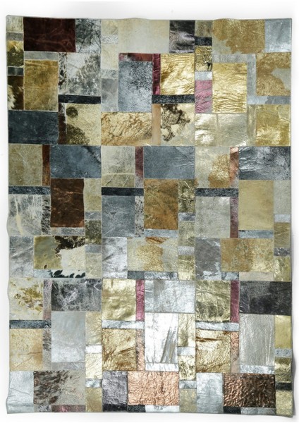 Çok Renkli & Gold Varaklı Dana Derisi Patchwork Halı 170 x 240 cm