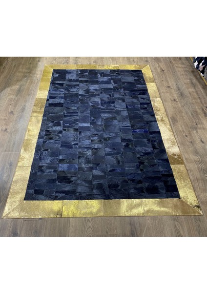 Gold Varaklı Lacivert Patchwork Doğal Deri Halı 80 x 150 cm