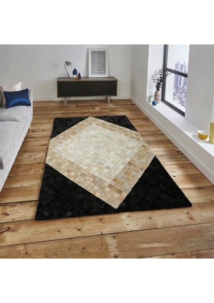 Kare Desenli Dana Derisi Patchwork Halı 200 x 300 cm