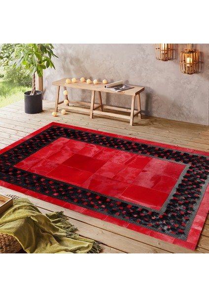 Kırmızı Dana Derisi Patchwork Halı 160 x 230 cm