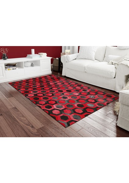 Kırmızı & Siyah Petek Desenli Patchwork Doğal Dana Derisi 200 x 300 cm fiyatları