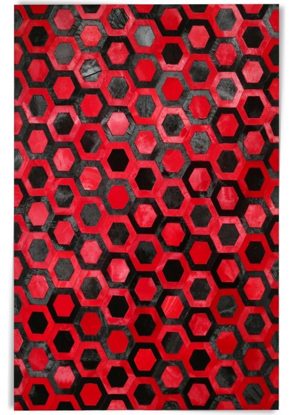 Kırmızı & Siyah Petek Desenli Patchwork Doğal Dana Derisi 170 x 240 cm