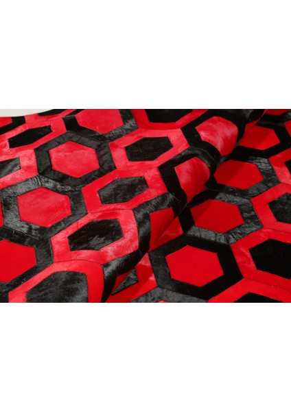 Kırmızı & Siyah Petek Desenli Patchwork Doğal Dana Derisi 170 x 240 cm