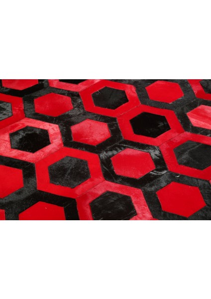 Kırmızı & Siyah Petek Desenli Patchwork Doğal Dana Derisi 170 x 240 cm