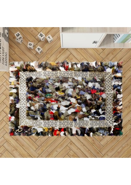 Gold Lazerli Çok Renkli Doğal Patchwork Kürk Halı 120 x 180 cm